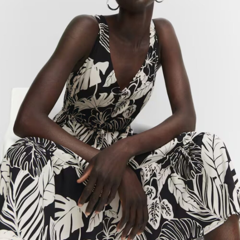 Mango Black & Cream Floral Printed Midi Dress